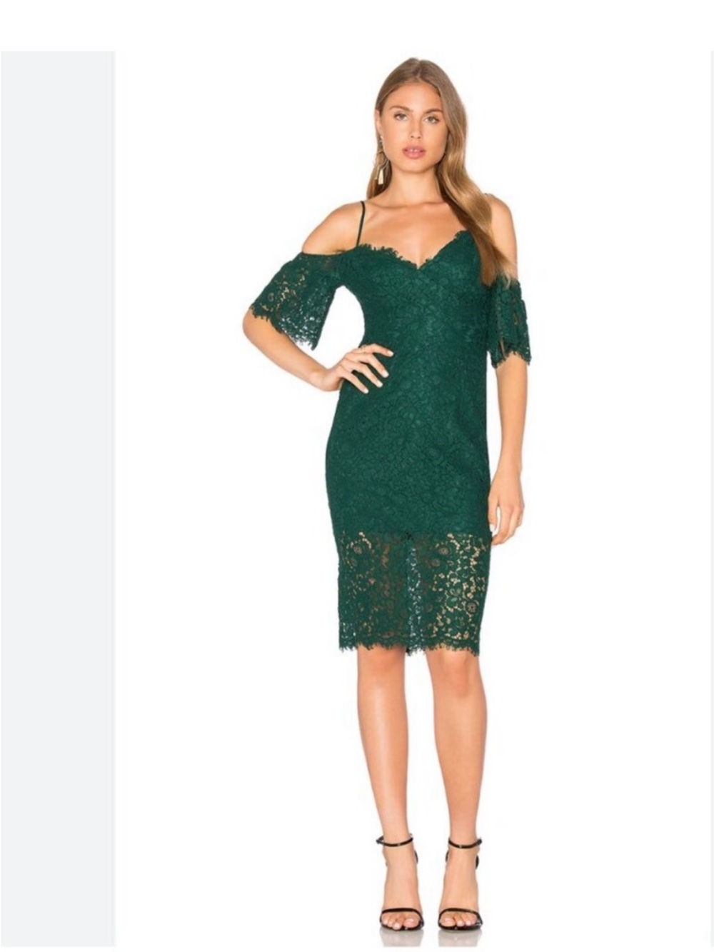 Bardot Emerald Green Lace Cold-Shoulder Midi Dress